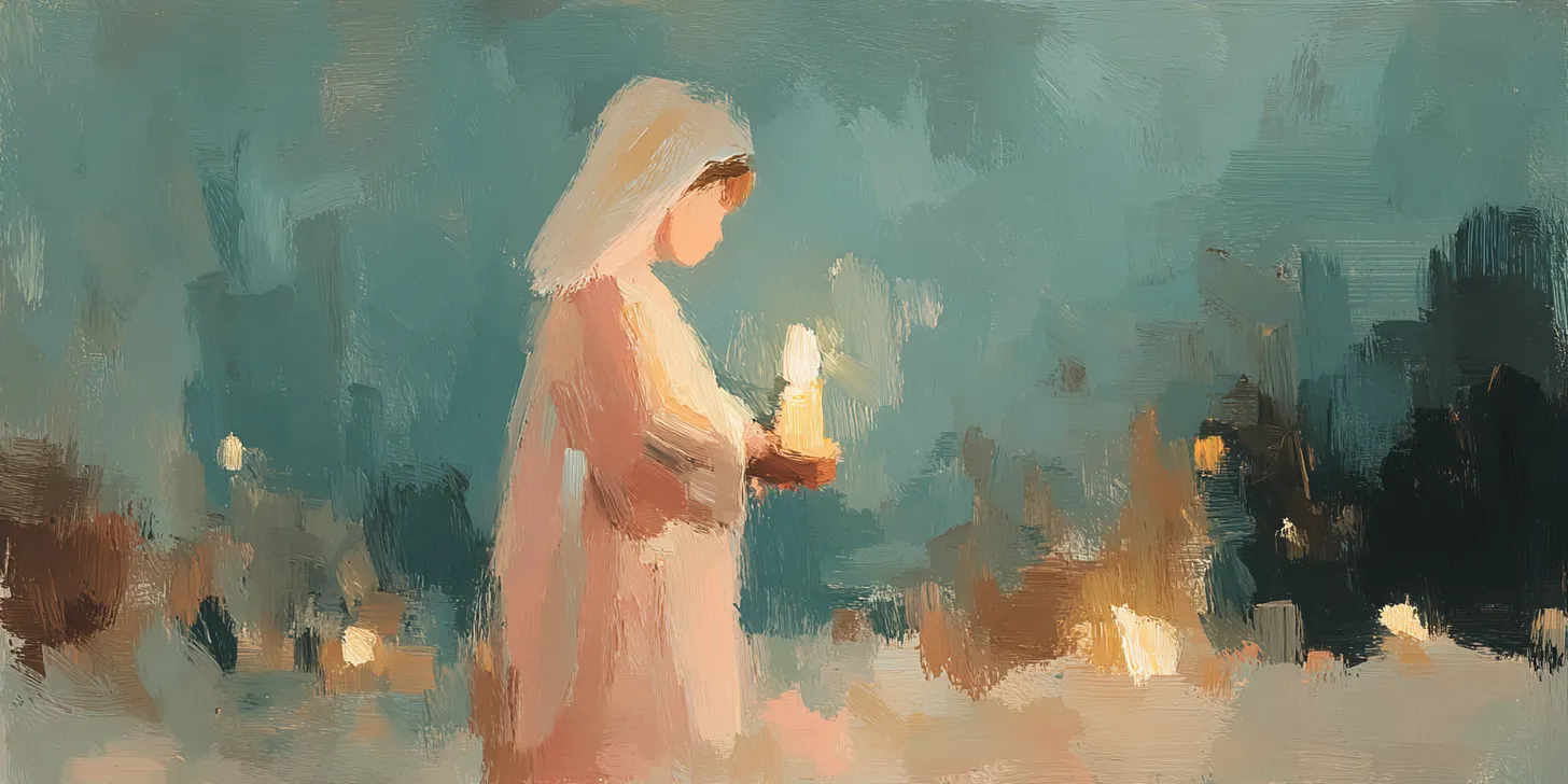 A painting of a child in a white veil carrying a candle at dusk.