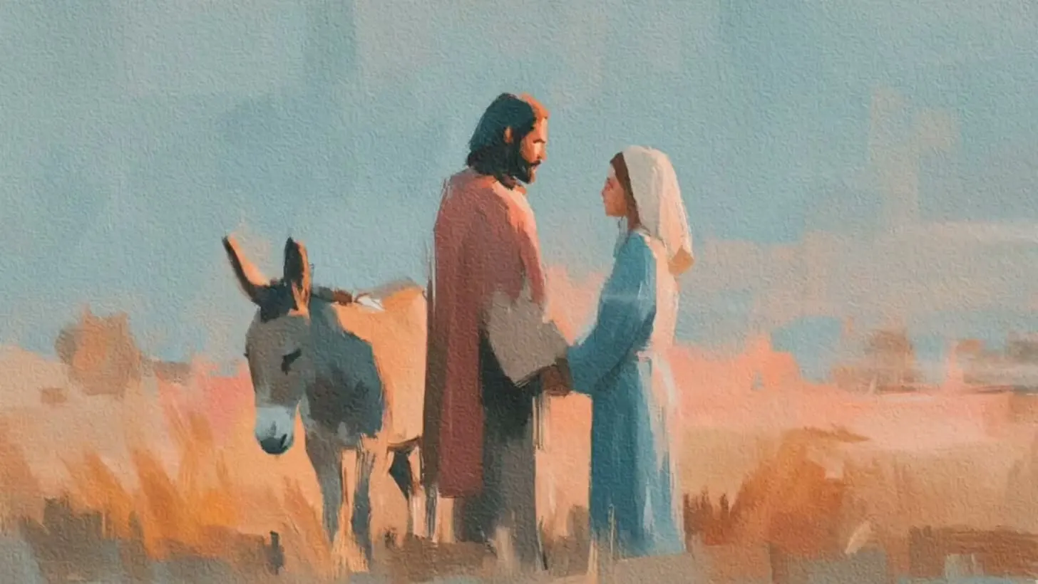A painting of Joseph and Mary with a donkey on the road to Bethlehem at dusk.