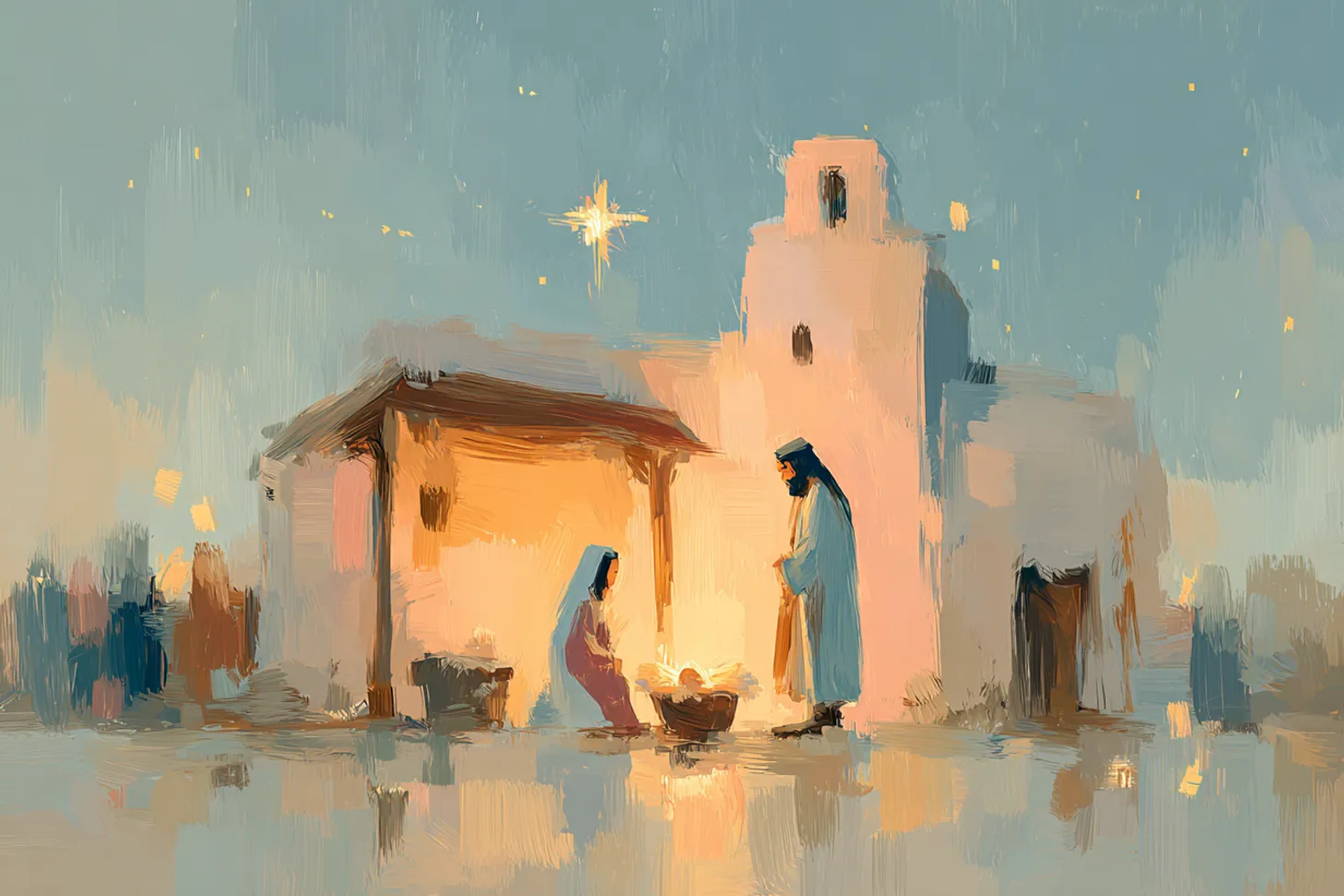 A painting of the holy family in a lamplit stable beneath a bright star.