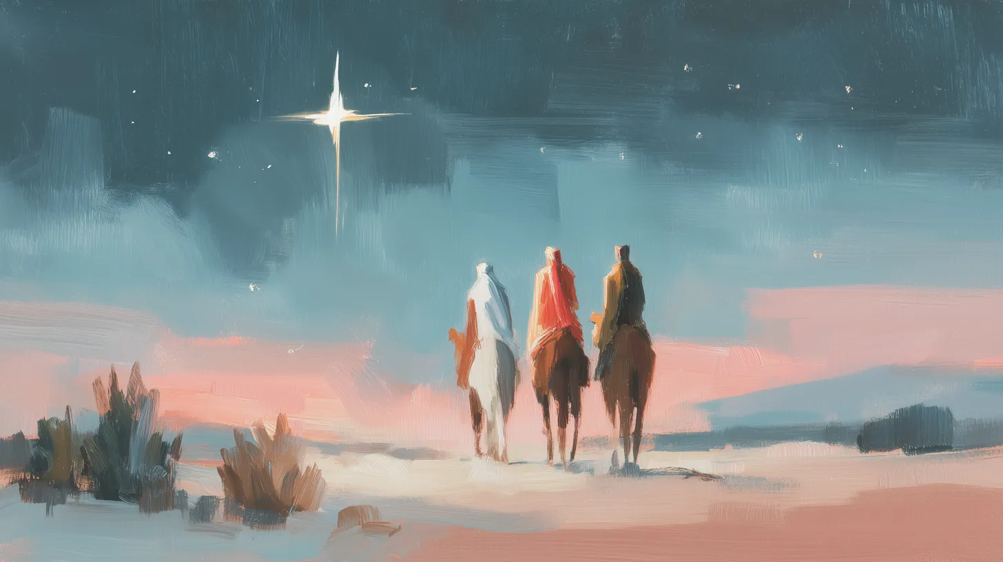 Three wise men on camels crossing the desert toward a bright star.